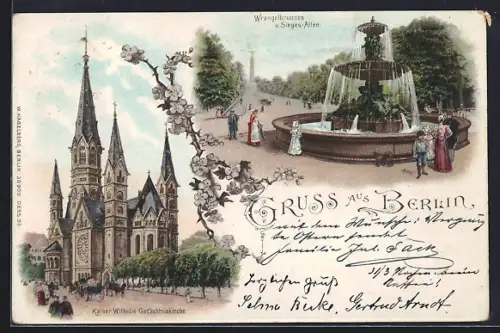 Lithographie Berlin, Kaiser-Wilhelm-Gedächtniskirche, Wrangelbrunnen, Sieges-Allee