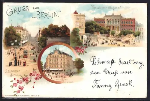 Lithographie Berlin, Potsdamer Bahnhof, Leipziger Strasse, Grand-Hotel Bellevue