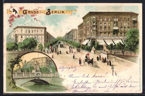 Lithographie Berlin, Herkulesbrücke, Gasthaus Albrechtshof, Lützowplatz