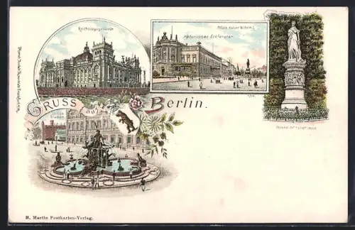 Lithographie Berlin, Reichstagsgebäude, Platz Kaiser Wilhelm I., Herkulesbrunnen, Denkmal der Königin Luise