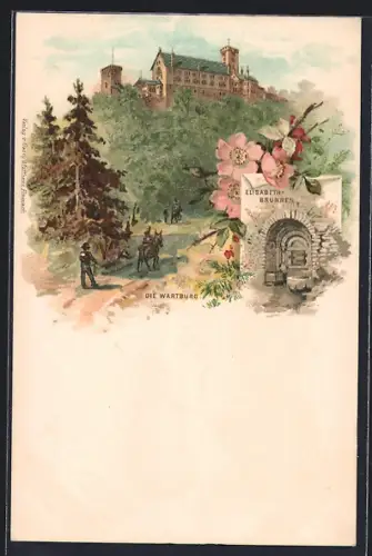 Lithographie Wartburg / Eisenach, Elisabethbrunnen