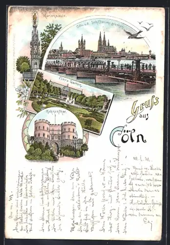 Lithographie Cöln, Schiffsbrücke, Flora Garten, Hahnentor