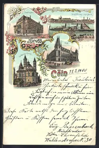 Lithographie Köln, Apostelkirche, Stadttheater, Post
