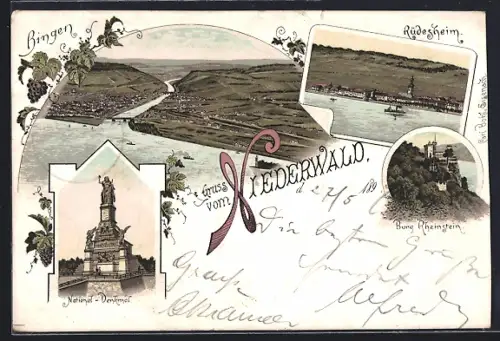 Lithographie Bingen / Rhein, National-Denkmal, Burg Rheinstein, Rüdesheim