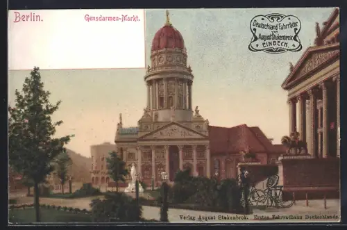 Lithographie Berlin, Gendarmenmarkt, Deutscher Dom, Werbezudruck mit Fahrrädern