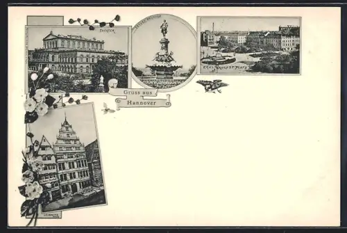 AK Hannover, Ernst-August-Platz, Theater, Leibnitz-Haus, Ebhard-Brunnen