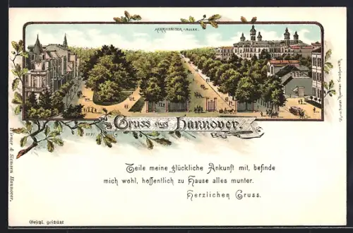 Lithographie Hannover, Herrenhäuser-Allee und Welfenschloss, Residenz-Bazar