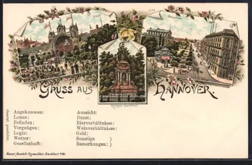 Lithographie Hannover, Krieger-Denkmal, Tivoli, Georgstrasse