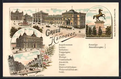 Lithographie Hannover, Bahnhof mit Umgebung, Post, Königsstrasse
