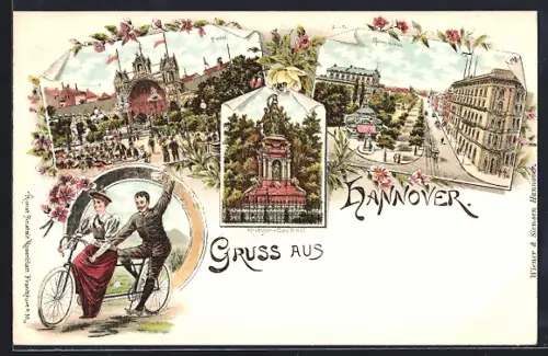 Lithographie Hannover, Ortsansicht mit Georgenstrasse, Tivoli & Kriegerdenkmal, Tandem