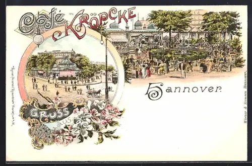 Lithographie Hannover, Café Kröpcke, Totalansicht und Blick in den Garten