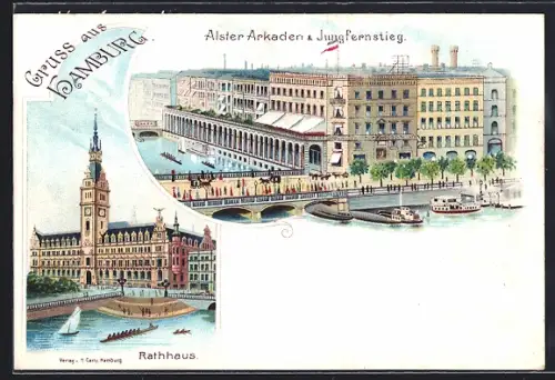 Lithographie Hamburg-Neustadt, Alster-Arkaden & Jungfernstieg, Rathaus