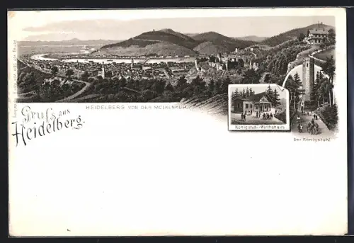 Lithographie Heidelberg, Königstuhl-Wirtshaus, Der Königstuhl, Ortsansicht von der Molkenkur