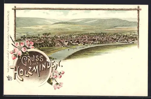 Lithographie Holzminden, Ortsansicht am Fluss