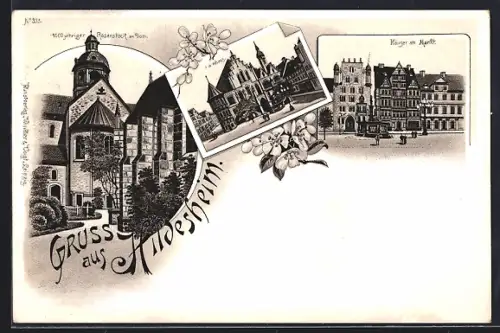 Lithographie Hildesheim, 1000jähriger Rosenstock am Dom, Rathaus, Häuser am Markt