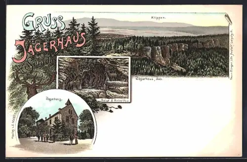 AK Jägerhaus b. Sehlde, Gasthof Jägerhaus, Relief S. Hubertus, Ansicht der Klippen