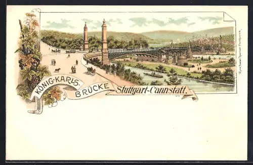 Lithographie Stuttgart-Cannstatt, Blick auf die König-Karls-Brücke