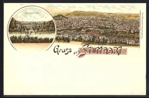 Lithographie Stuttgart, Residenzschloss, Ortsansicht aus der Vogelschau
