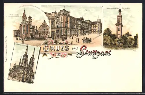 Lithographie Stuttgart, Stifstskirche und Schillerdenkmal, Aussichtsturm Degerloch, Postgebäude, Marien-Kirche
