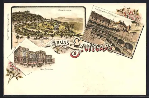 Lithographie Stuttgart, Hof des alten Schlosses, Neue Bibliothek