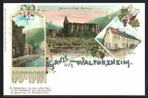 Lithographie Walporzheim, Weinhandlung v. A. Dahm, Ruine Marienthal, Bunte Kuh