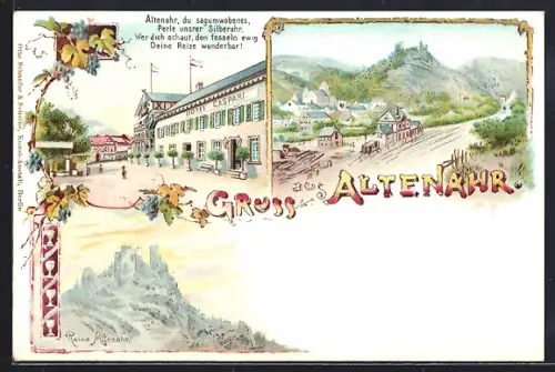 Lithographie Altenahr, Hotel Caspari und Ortsansicht