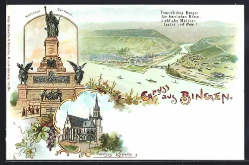 Lithographie Bingen / Rhein, National-Denkmal, St. Rochus Kapelle, Panorama, Gedicht