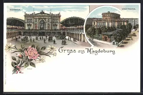 Lithographie Magdeburg, Stadttheater, Bahnhof