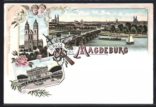 Lithographie Magdeburg, Teilansicht, Dom, Bahnhof