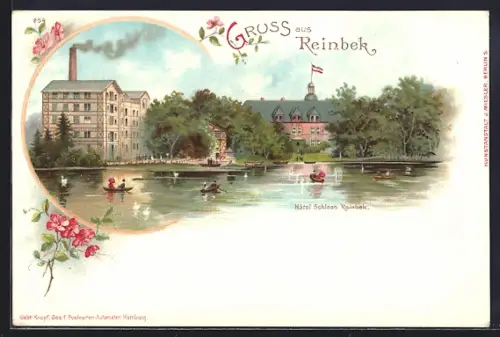 Lithographie Reinbek, Hotel Schloss Reinbek und Ruderer auf dem See