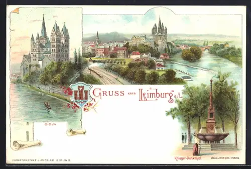 Lithographie Limburg /Lahn, Dom, Krieger-Denkmal, Totalansicht mit Fluss