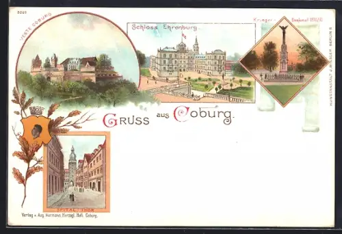 Lithographie Coburg, Schloss Ehrenburg, Veste Coburg, Spital-Tor, Krieger-Denkmal 1870/71