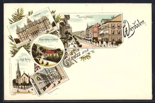 AK Wiesbaden, Rathaus, Nerobergbahn mit Bahnhof, Engl. Kirche, Kochbrunnen, Taunusstrasse
