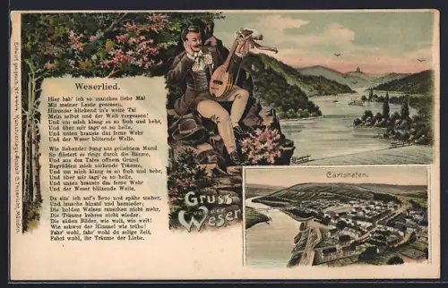 Lithographie Carlshafen, Ortsansicht am Fluss und Mann mit Laute