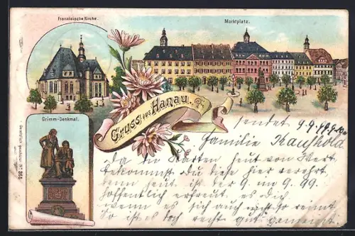 Lithographie Hanau, Marktplatz, Französische Kirche, Grimm-Denkmal