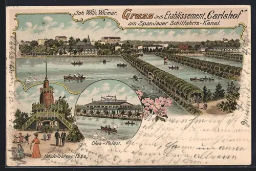 Künstler-AK Berlin-Charlottenburg, Restaurant Carlshof am Spandauer Schifffahrts-Kanal, Inh. Wilh. Wiemer
