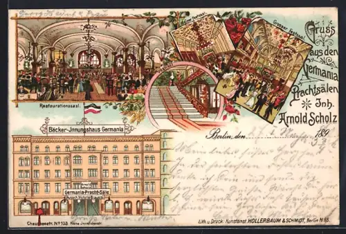 Lithographie Berlin, Gasthaus Germania-Prachtsäle v. A. Scholz, Kleiner Festsaal, Restaurationssaal, Chausseestrasse 103