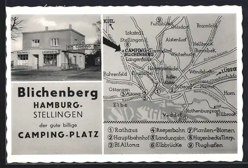 AK Hamburg-Stellingen, Camping-Platz Blichenberg, Einfahrt mit Lebensmittelladen, topographische Karte