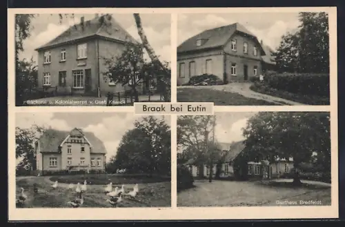 AK Braak bei Eutin, Gasthof Bredfeldt, Bäckerei mit Kolonialwaren v. Gust. Knaack, Garten mit Gänse