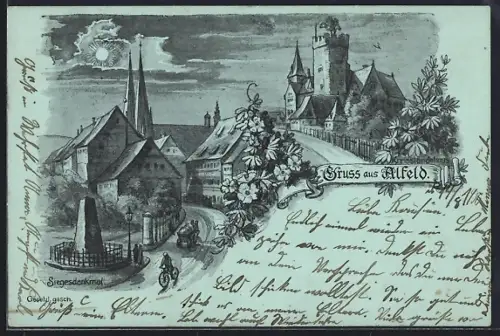 Mondschein-AK Alfeld / Leine, Kreisständehaus, Siegesdenkmal