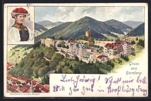 Lithographie Hornberg / Schwarzwald, Panorama mit Ruine, Frau in Tracht