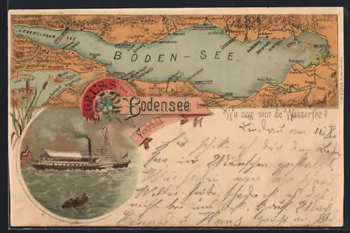 Lithographie Lindau / Bodensee, Landkarte mit Stetten, Mersburg und Nussdorf, Dampfer auf hoher See