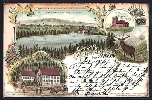 Lithographie Seebach / Schwarzwald, Gasthof zum Wolfsbrunnen, Signalturm Hornisgrinde und Mummelsee
