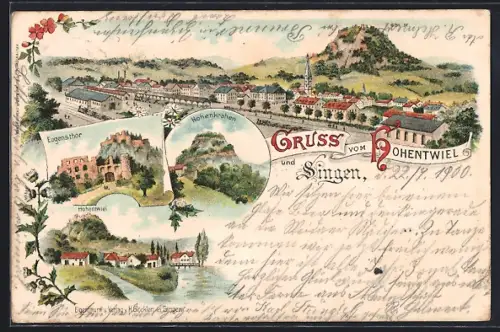 Lithographie Singen / Hohentwiel, Eugenthor, Hohenkrahen, Hohentwiel