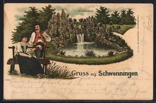 Lithographie Schwenningen / Neckar, Neckarquelle mit Mann und Frau in Trachten