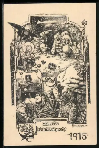AK Feld-Weihnacht 1915, Deutsche Soldaten bekommen himmlischen Besuch im Schützengraben, Weihnachtsmann