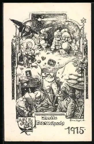 AK Feld-Weihnacht 1915, Deutsche Soldaten bekommen himmlischen Besuch im Schützengraben, Weihnachtsmann