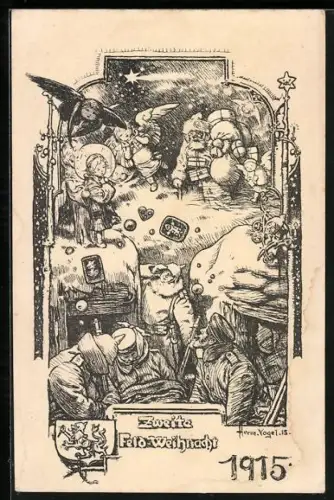 AK Feld-Weihnacht 1915, Deutsche Soldaten bekommen himmlischen Besuch im Schützengraben, Weihnachtsmann