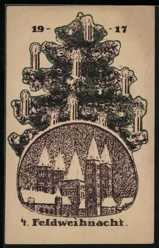 Künstler-AK 4. Feldweihnacht 1917, Tannenbaum mit Kerzen