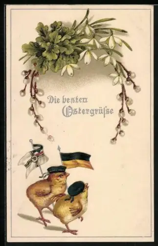 Künstler-AK Osterküken tragen die österr. Fahne und die Reichskriegsfahne